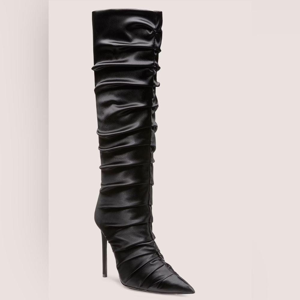 Stuart Weitzman Stuart Ruche 100 Knee High Boots Black Satin Size 8.5